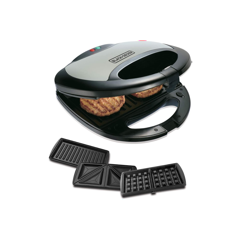 BLACK+DECKER 750W Sandwich Maker 2 Slot Non-Stick 3in1 Interchangable Sandwich Grill And Waffle Maker, With Indicator And Ready to Cook Lights For Quick and Easy Dishes TS2090-B5